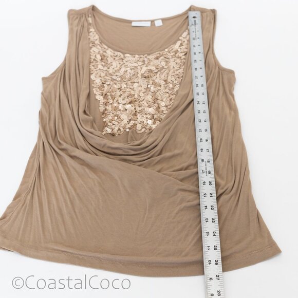 New York & Co Waterfall Neckline Tan Sleeveless Top XL Sequins Cowl Draped Y2K - Picture 10 of 10